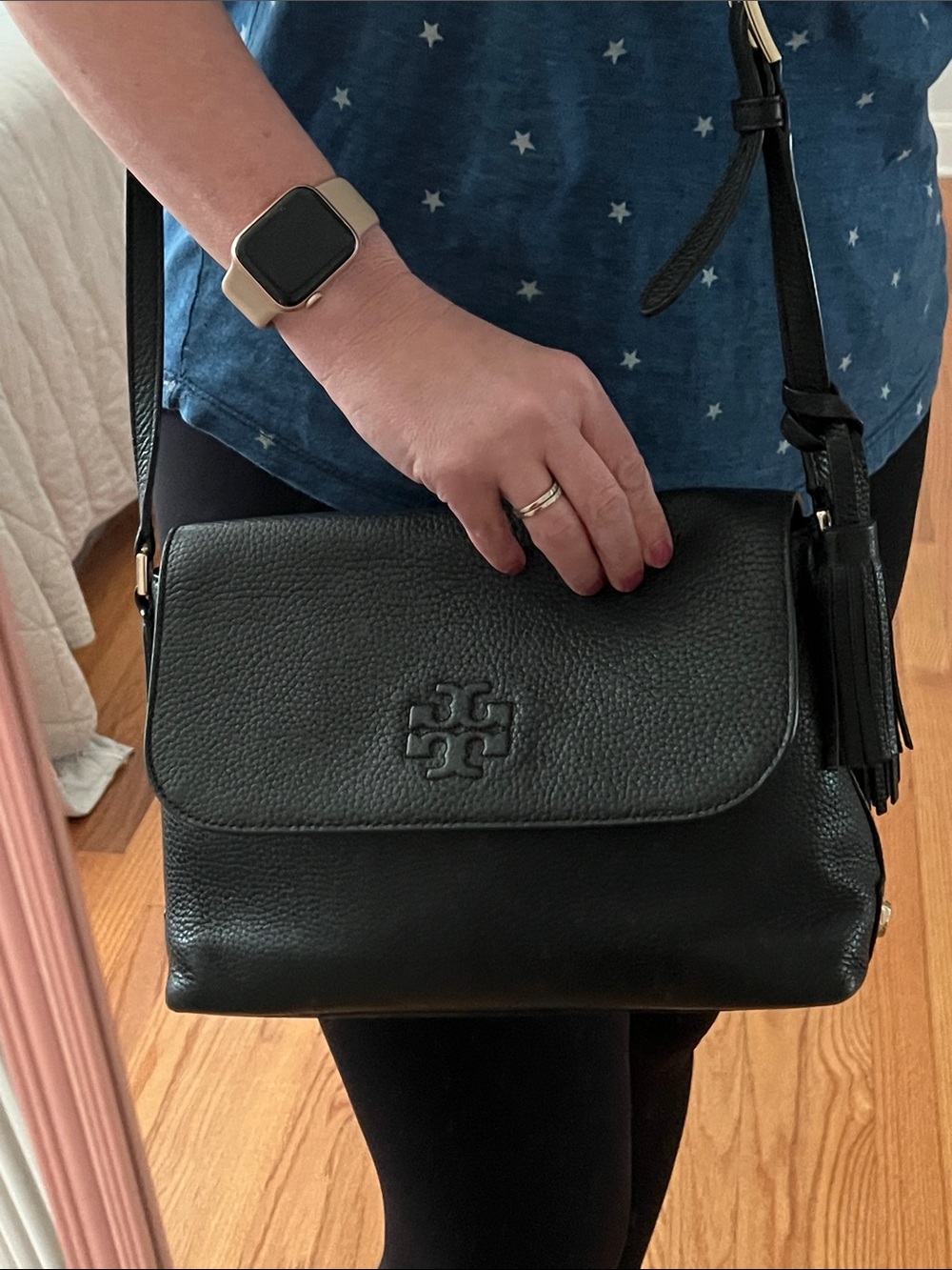 Tory Burch Thea Flap Crossbody Bag in Black with tassel - Picture 16 of 16
